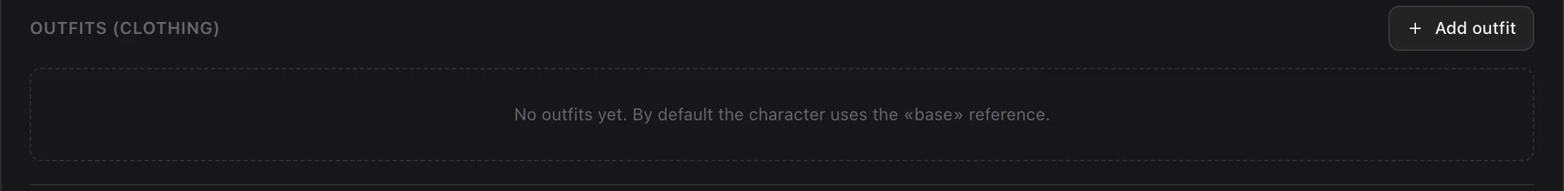 The “Outfits (clothing)” block: no outfits yet