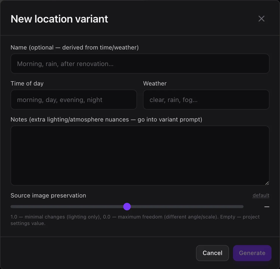 The “New location variant” window