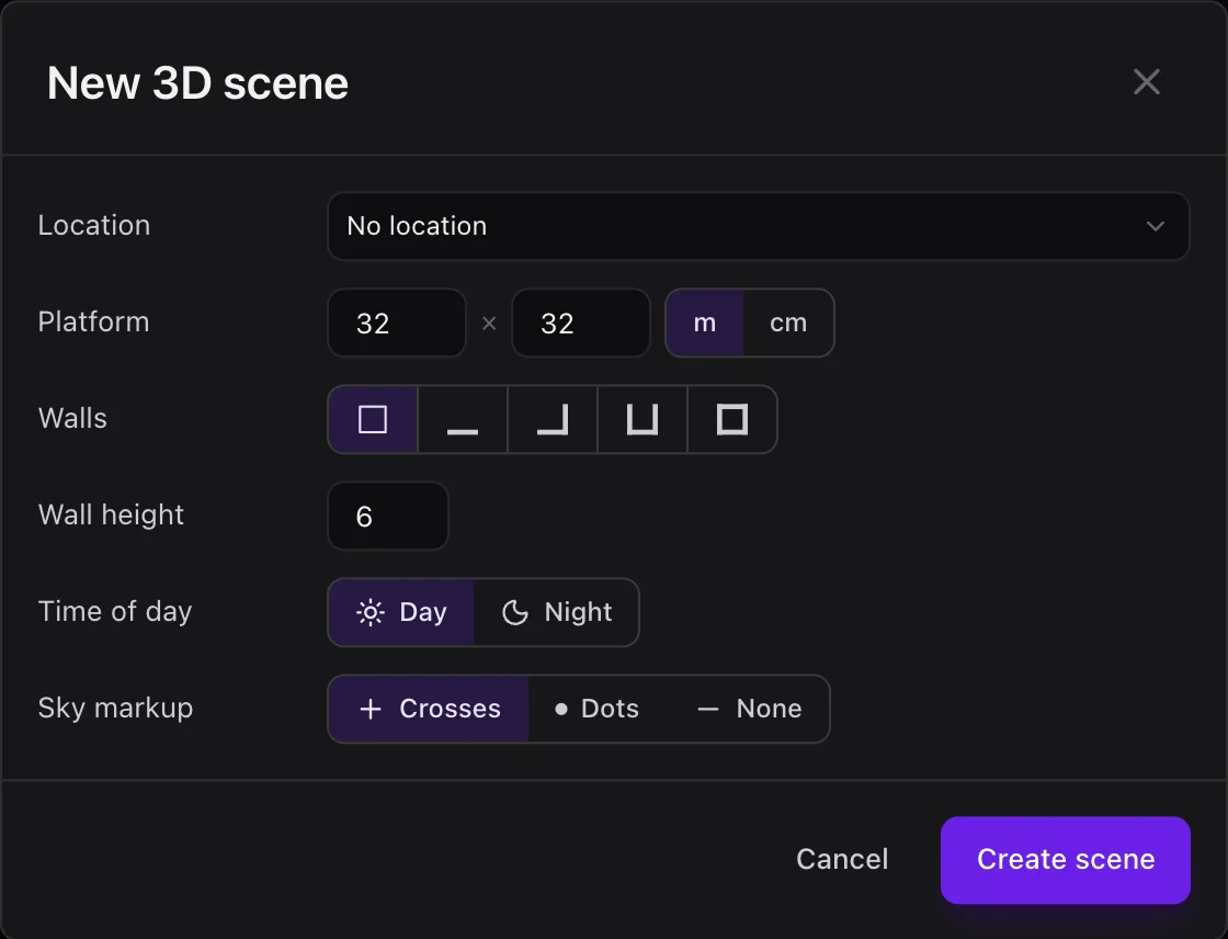 The “New 3D scene” window