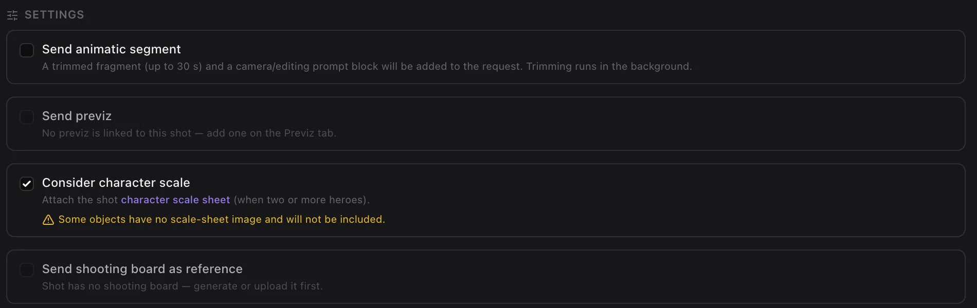 Video settings of shot 4.9: “Send animatic segment”