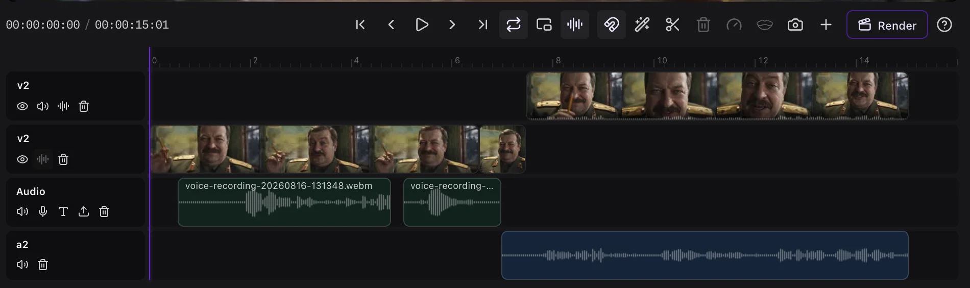 Shot 1.4 timeline: video, audio and voiceover