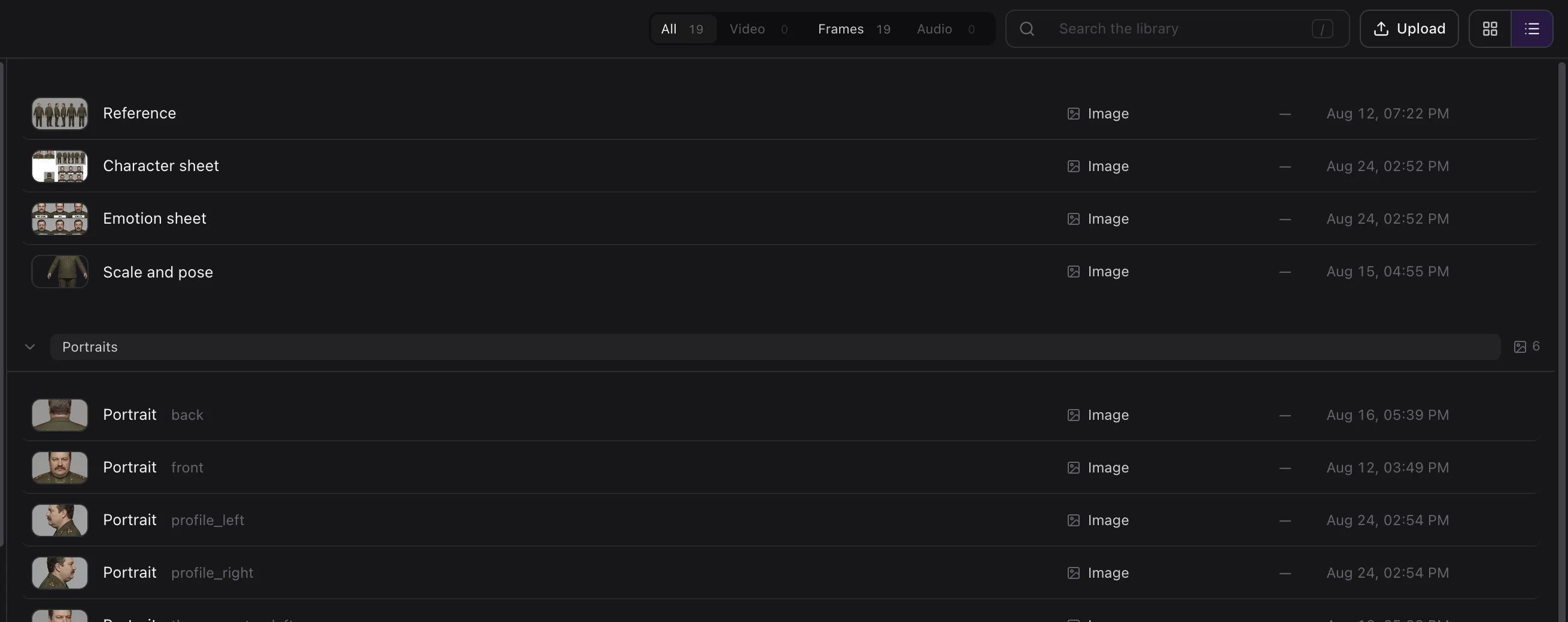 The same character folder as a list