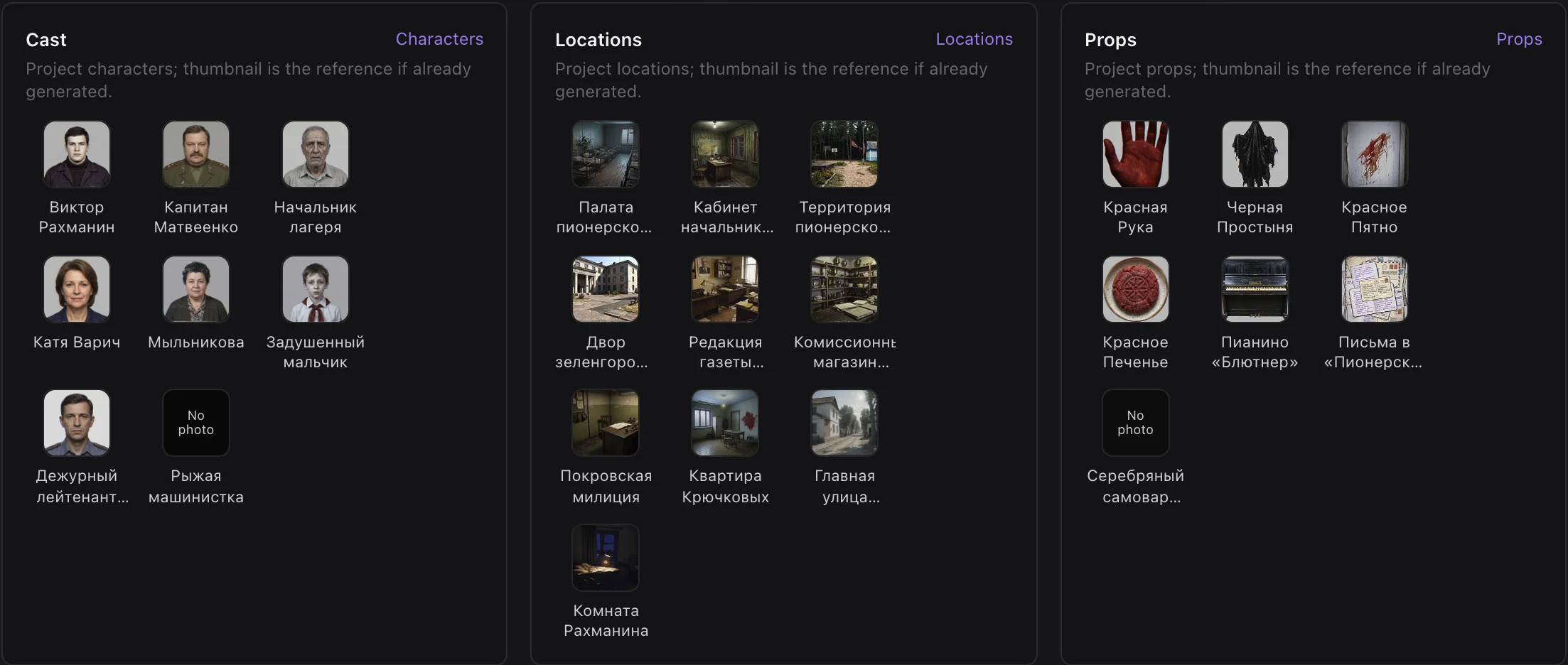 Project cast, locations and props